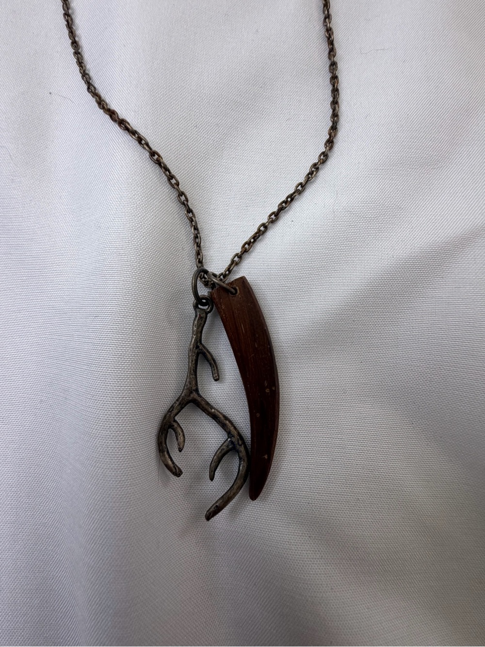 Rustic Brown Wood and Silver Antler Pendant Necklace